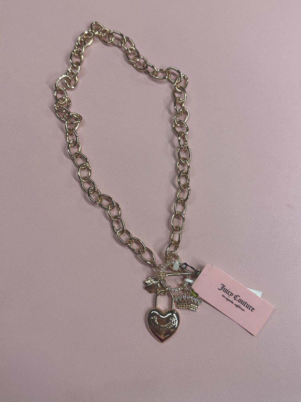 Juicy Couture Gold Chain Charm Necklace with Heart & Crown Charms